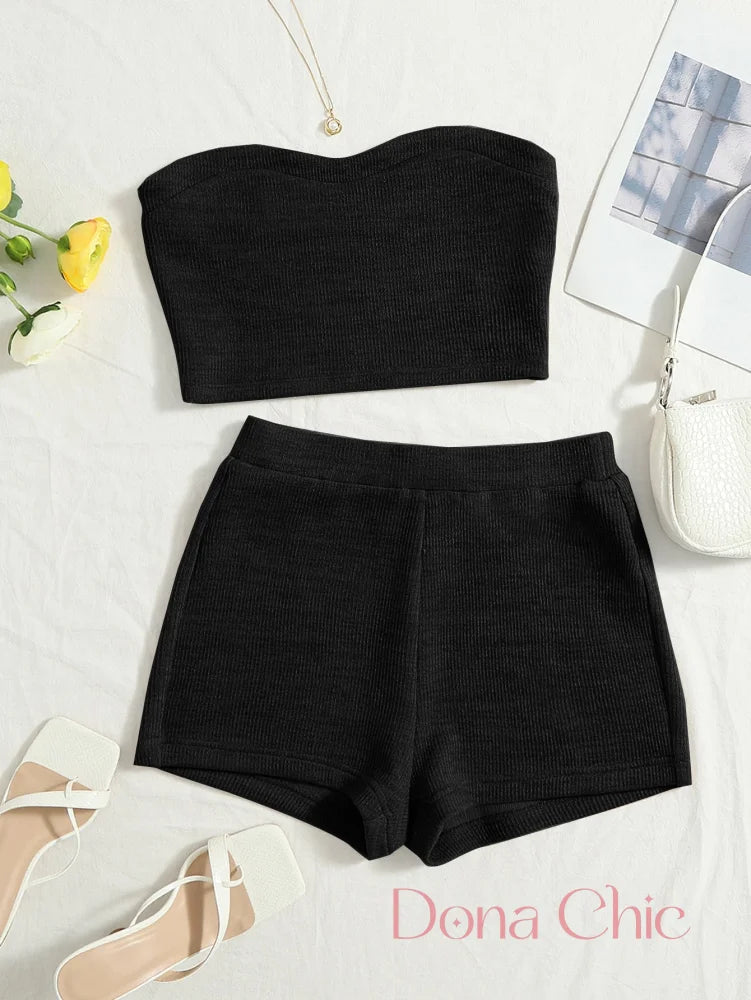 Conjunto Tomara Que Caia Canelado Com Shorts Justo Preto / P Conjunto Tomara Que Caia Canelado Com Shorts Justo