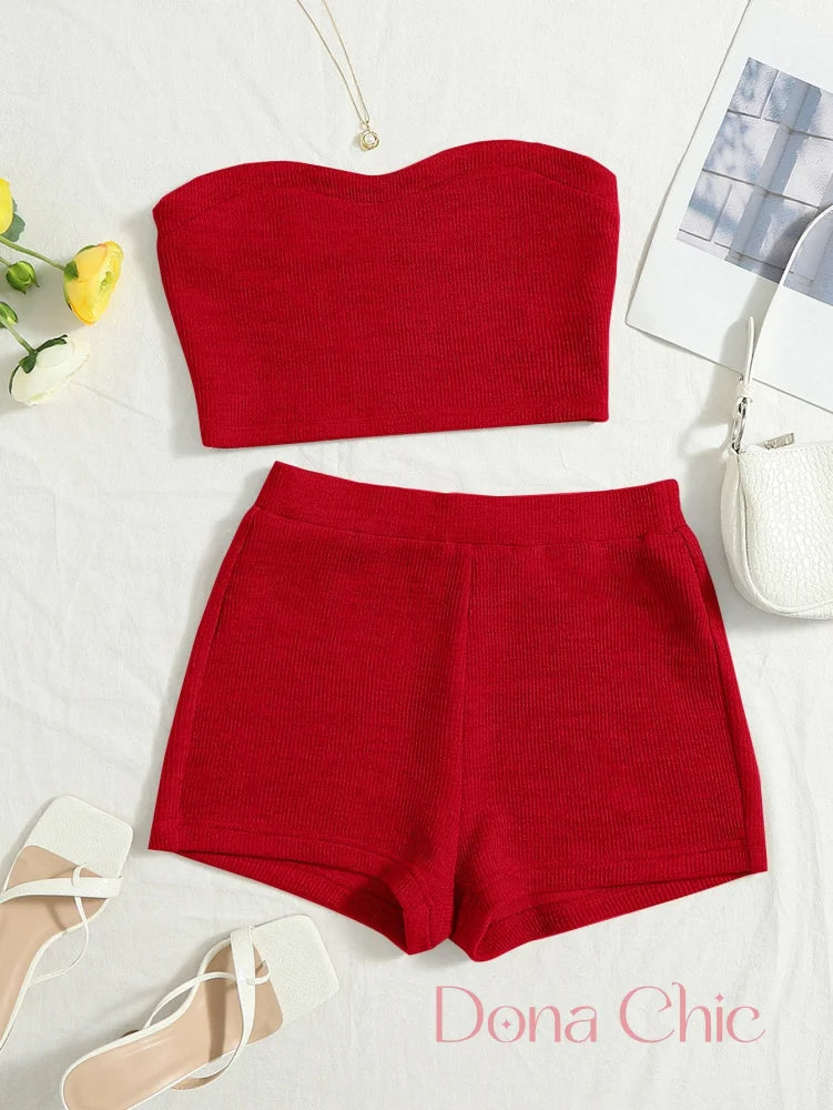 Conjunto Tomara Que Caia Canelado Com Shorts Justo Vermelho / P Conjunto Tomara Que Caia Canelado Com Shorts Justo