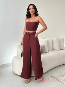 Conjunto Tomara Que Caia Com Calça Alfaiatada Fluida Chocolate / P Conjunto Tomara Que Caia Com Calça Alfaiatada Fluida