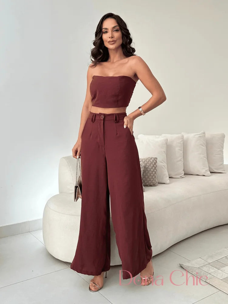 Conjunto Tomara Que Caia Com Calça Alfaiatada Fluida Chocolate / P Conjunto Tomara Que Caia Com Calça Alfaiatada Fluida