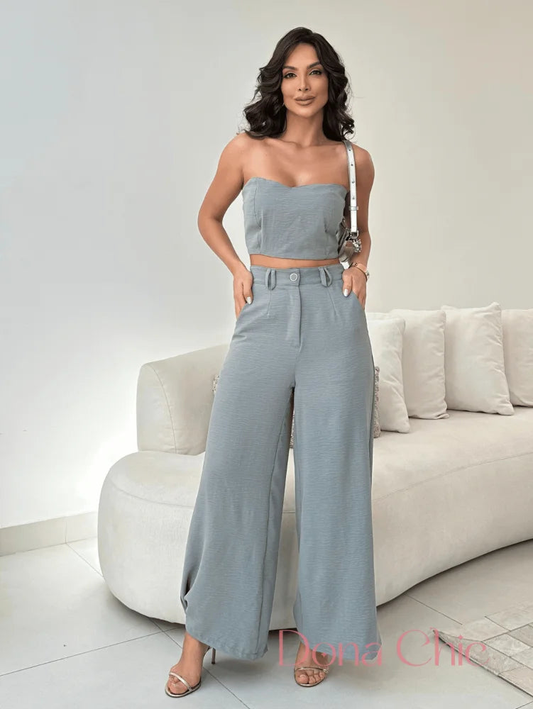Conjunto Tomara Que Caia Com Calça Alfaiatada Fluida Cinza / P Conjunto Tomara Que Caia Com Calça Alfaiatada Fluida