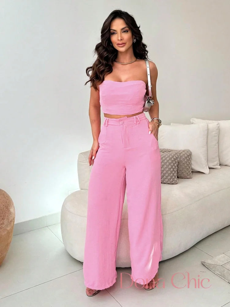 Conjunto Tomara Que Caia Com Calça Alfaiatada Fluida Rosa / P Conjunto Tomara Que Caia Com Calça Alfaiatada Fluida