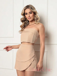 Conjunto Tomara Que Caia Com Saia Sobreposta Elegante Caqui / P Conjunto Tomara Que Caia Com Saia Sobreposta Elegante