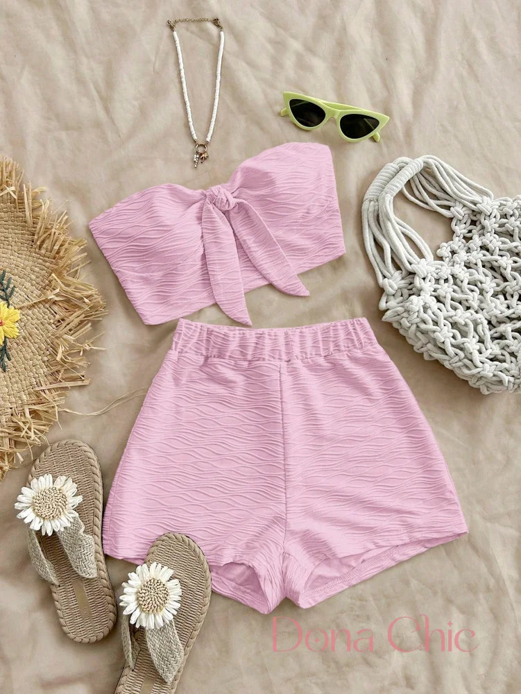 Conjunto Tomara Que Caia Estampa Floral Tropical Rosa / P Conjunto Estampado com Top Faixa e Shorts Soltinho