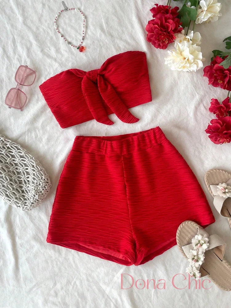 Conjunto Tomara Que Caia Estampa Floral Tropical Vermelho / P Conjunto Estampado com Top Faixa e Shorts Soltinho