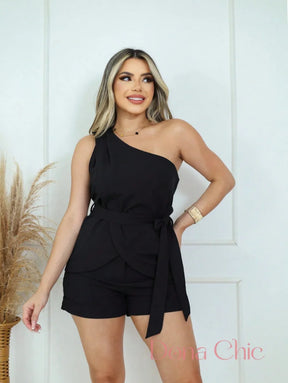 Conjunto Top Assimétrico Com Cinto E Short Cintura Alta Preto / P Conjunto Top Assimétrico Com Cinto E Short Cintura