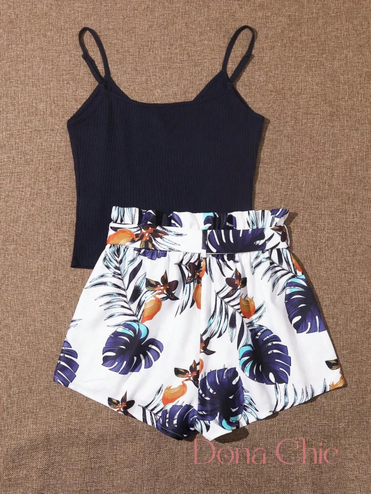 Conjunto Top Com Decote V E Short Floral Com Cinto Conjunto Top Com Decote V E Short Floral Com Cinto