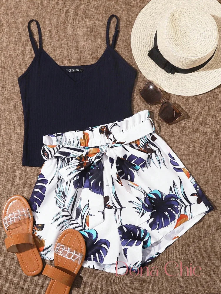 Conjunto Top Com Decote V E Short Floral Com Cinto P Conjunto Top Com Decote V E Short Floral Com Cinto