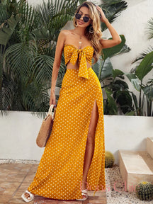Conjunto Top Cropped Com Nó E Saia Longa Estampada Poá Amarelo / P Conjunto Top Cropped Com Nó E Saia Longa Estampada