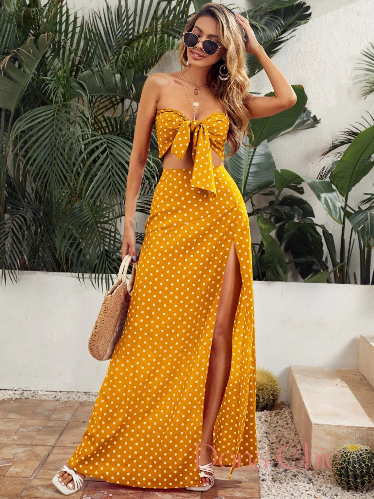 Conjunto Top Cropped Com Nó E Saia Longa Estampada Poá Amarelo / P Conjunto Top Cropped Com Nó E Saia Longa Estampada