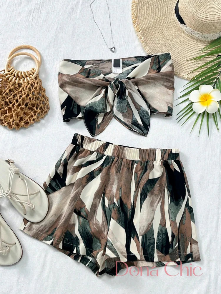 Conjunto Top Cropped Com Nó E Short Estampado Folhagem Estampa 1 / P Conjunto Top Cropped Com Nó E Short Estampado