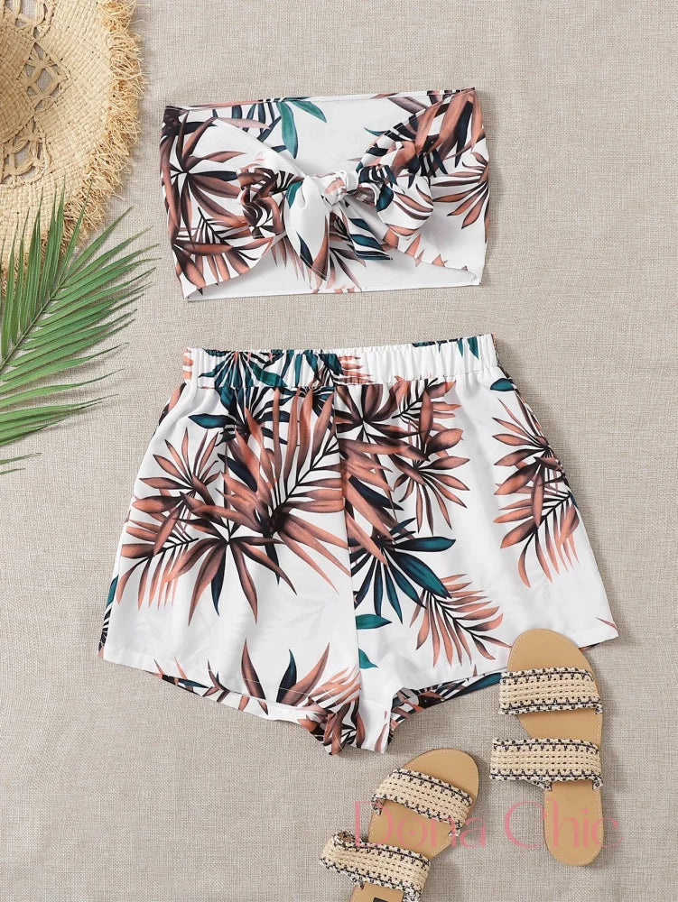 Conjunto Top Cropped Com Nó E Short Estampado P Conjunto Top Cropped Com Nó E Short Estampado