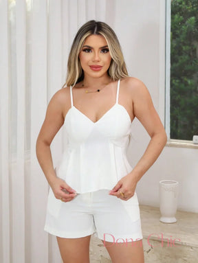 Conjunto Top Peplum Com Alças Finas E Short Cintura Alta Conjunto Top Peplum Com Alças Finas E Short Cintura Alta