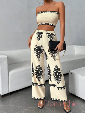 Conjunto Top Tomara Que Caia Com Calça Estampada Flare Conjunto Top Tomara Que Caia Com Calça Estampada Flare