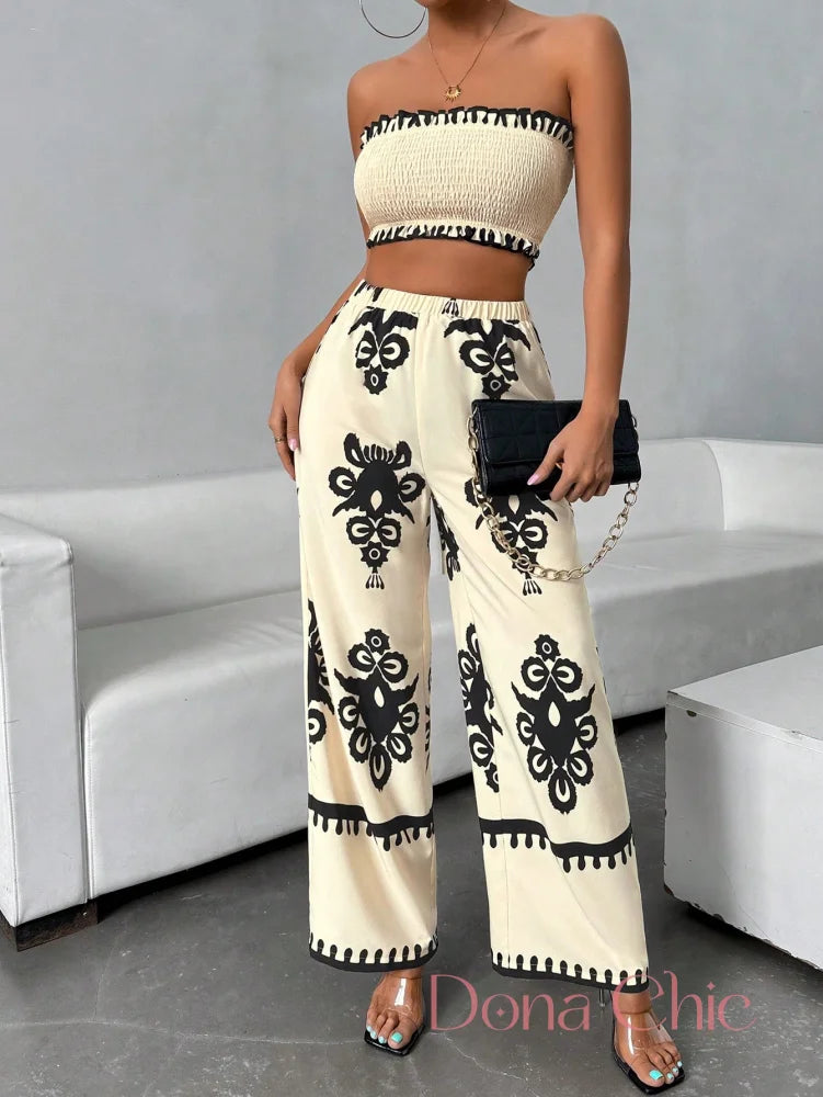 Conjunto Top Tomara Que Caia Com Calça Estampada Flare Conjunto Top Tomara Que Caia Com Calça Estampada Flare