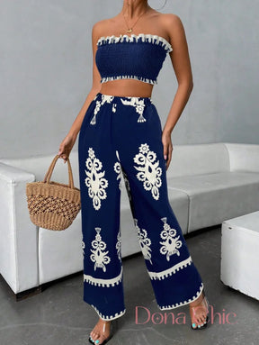 Conjunto Top Tomara Que Caia Com Calça Estampada Flare Conjunto Top Tomara Que Caia Com Calça Estampada Flare