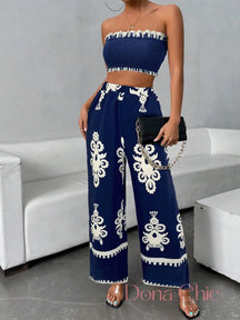 Conjunto Top Tomara Que Caia Com Calça Estampada Flare Azul Marinho / P Conjunto Top Tomara Que Caia Com Calça