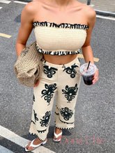 Conjunto Top Tomara Que Caia Com Calça Estampada Flare Bege / P Conjunto Top Tomara Que Caia Com Calça Estampada Flare