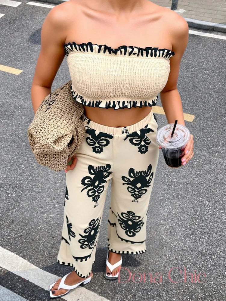 Conjunto Top Tomara Que Caia Com Calça Estampada Flare Bege / P Conjunto Top Tomara Que Caia Com Calça Estampada Flare