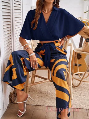 Conjunto Transpassado Com Calça Estampada Cintura Alta Conjunto Transpassado Com Calça Estampada Cintura Alta