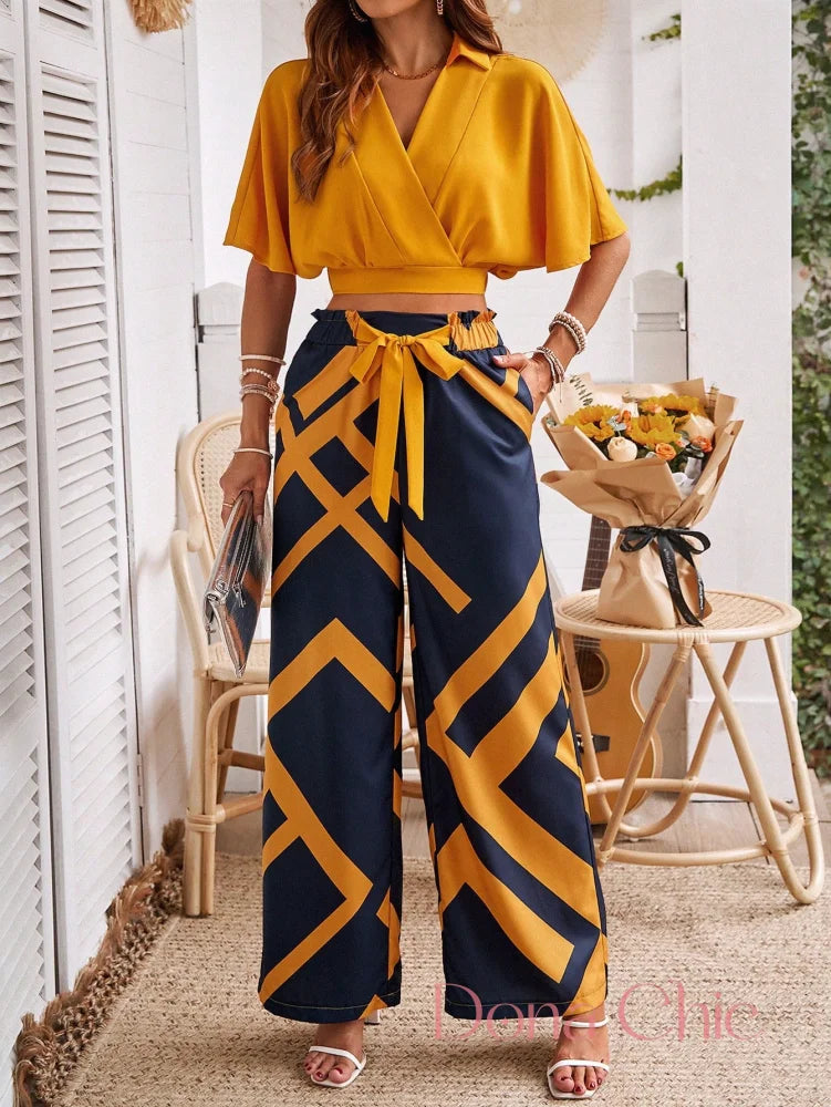 Conjunto Transpassado Com Calça Estampada Cintura Alta Amarelo / P Conjunto Transpassado Com Calça Estampada Cintura