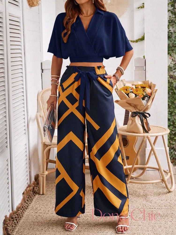Conjunto Transpassado Com Calça Estampada Cintura Alta Azul / P Conjunto Transpassado Com Calça Estampada Cintura Alta