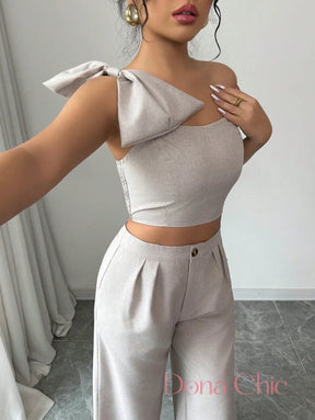 Conjunto Um Ombro Só Com Laço E Calça Pantalona Conjunto Elegante com Top de Laço e Calça Wide Leg