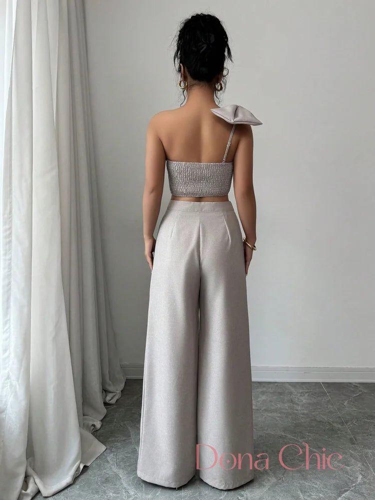 Conjunto Um Ombro Só Com Laço E Calça Pantalona Conjunto Elegante com Top de Laço e Calça Wide Leg
