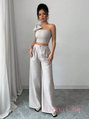 Conjunto Um Ombro Só Com Laço E Calça Pantalona Conjunto Elegante com Top de Laço e Calça Wide Leg