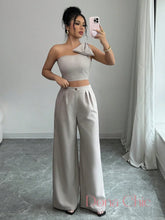 Conjunto Um Ombro Só Com Laço E Calça Pantalona P Conjunto Elegante com Top de Laço e Calça Wide Leg