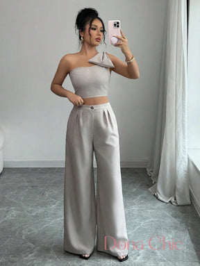 Conjunto Um Ombro Só Com Laço E Calça Pantalona P Conjunto Elegante com Top de Laço e Calça Wide Leg