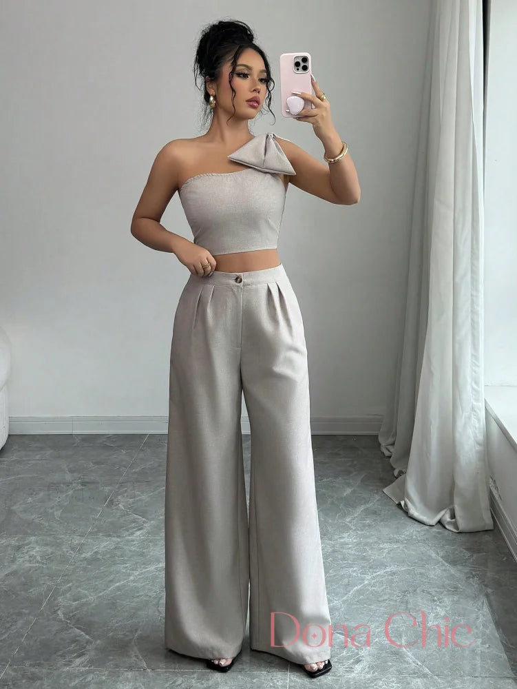 Conjunto Um Ombro Só Com Laço E Calça Pantalona P Conjunto Elegante com Top de Laço e Calça Wide Leg